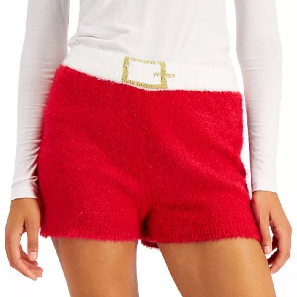 Hooked Up by IOT Juniors Santa Sweater Shorts,Red, size L